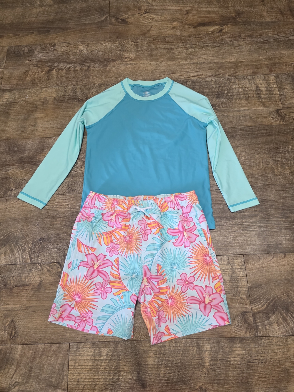 Kids Teal Long Sleeve Rash Guard with Tropical Floral Swim Trunks Boys 8
